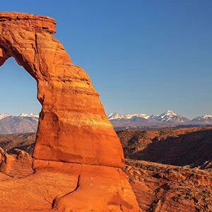USA, Utah, majestic Delicate Arch rock formation at sunset in the Arches National Park