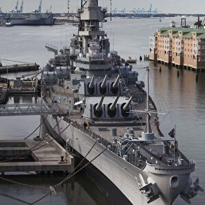USA, Virginia, Norfolk, WW2-era battleship USS Wisconsin, elevated view