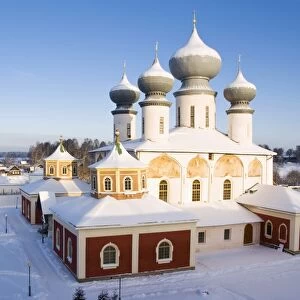 Uspensky Cathedral with the old part of Tikhvin town in winter, Bogorodichno-Uspenskij Monastery