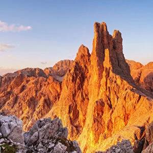Vajolet towers at sunset in Catinaccio group of Dolomites