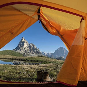 Veneto, Italy La Gusela mountain from the inside of the tent, in the background the