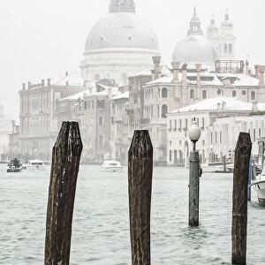 Venice, Veneto, Italy. St Mary of Health basilica under a snowfall