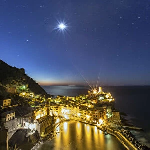 Vernazza under the moonlight in a starry winter night, Cinque Terre National Parc