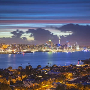 View of Auckland and Devonport at dusk, Auckland, North Island, New Zealand