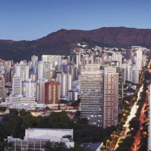 View of Avenida Afonso Pena and city skyline at dusk, Belo Horizonte, Minas Gerais