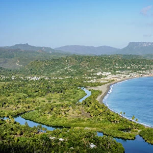 View over Bahia de Miel towards city and El Yunque Mountain, Baracoa, Guantanamo Province