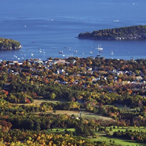 View over Bar Harbor in Autumn, Acadia National Park, Maine, USA