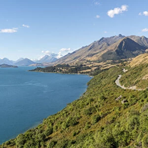 View from Bennets Bluff lookout with the Glenorchy-Queenstown road. Mount Creighton