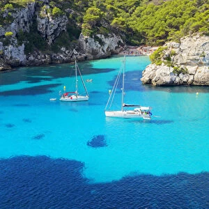 View of Cala Macarelleta and sailboats, Menorca; Balearic Islands; Spain; Europe