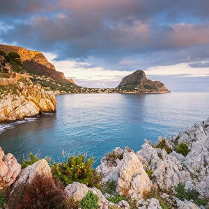 view of Cape Zafferano at sunrise Europe, Sicily region, Italy, Palermo district