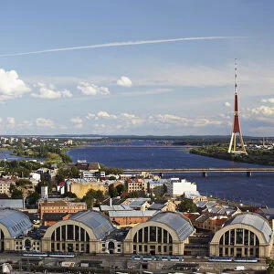 View of Central Market with TV tower in background, Riga, Latvia