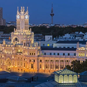Top view of Cibeles Palace by night, Madrid, Comunidad de Madrid, Spain