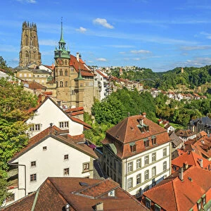 View over Fribourg with cathedral and town hall, Fribourg, Switzerland