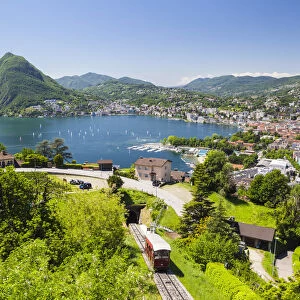 View over Funicular Railway and Lugano from Monte Bre, Lake Lugano, Ticino, Switzerland