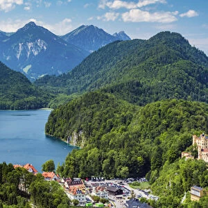 View over Hohenschwangau village on left and Hohenschwangau castle on right, Schwangau