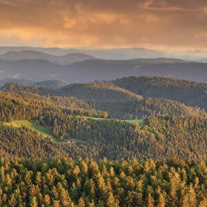 View from Hornisgrinde mountain over the Achertal valley at sunset, Black Forest National Park, Baden-Wurttemberg, Germany