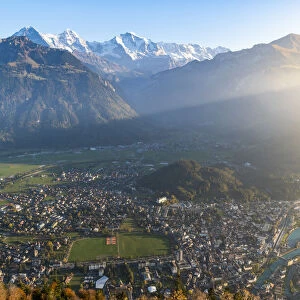 View of Interlaken from Harder Kulm. Harder Kulm, Canton of Bern, Switzerland, Europe