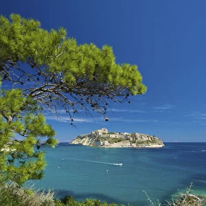 View from Isola San Domino to Isola San Nicola and castle, Tremiti Islands, Apulia, Italy