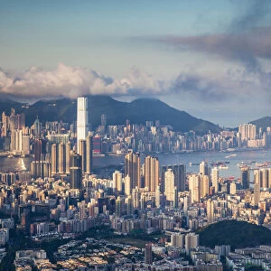 View of Kowloon and Hong Kong Island at dawn, Hong Kong, China
