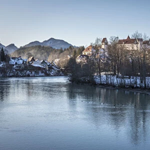 View from the Lech Bridge to the old town of Fuessen, Allgaeu, Bavaria, Germany