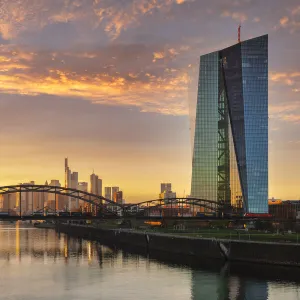 View over Main River to the European Central Bank and the Skyline of Frankfurt, Hesse, Germany