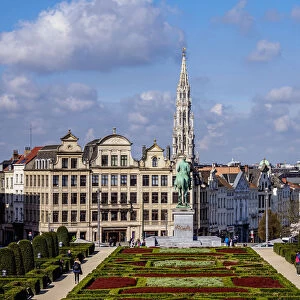 View over Mont des Arts Public Garden towards Town Hall Spire, Brussels, Belgium