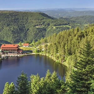 View over Mummelsee lake to Berghotel Mummelsee hotel, Black Forest National Park, Baden-Wurttemberg, Germany