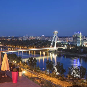 View of New Bridge from Parliament Restaurant at dusk, Bratislava, Slovakia