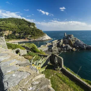 Top view of the old castle and church perched on the promontory Portovenere province