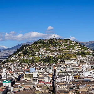 View over Old Town towards El Panecillo Hill, Quito, Pichincha Province, Ecuador