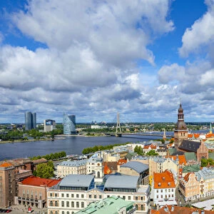 View Over Old Town Riga, Vansu Bridge and the River Daugava, Riga, Latvia