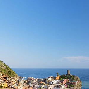 View overt the rooftops and port of Vernazza from above Santa Margherita di Antiochia