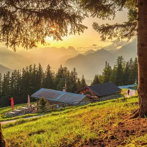 The view over the Patscher Alm alpine hut and the upper Inn valley, , Patscherkofel mountain, Patsch, Innsbruck Land, Austria The view over the Patscher Alm alpine hut and the upper Inn valley, , Patscherkofel mountain, Patsch, Innsbruck Land, Austria