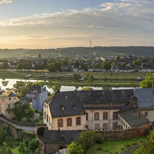 View of River Mosel and skyline at dawn, Trier, Rhineland-Palatinate, Germany