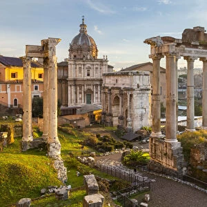 View of the ruins of Fori Imperiali from the Campidoglio at dawn