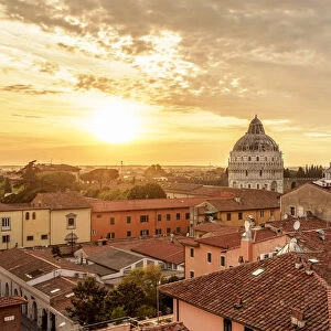 View over Via Santa Maria towards Cathedral and Leaning Tower at sunset, Pisa, Tuscany