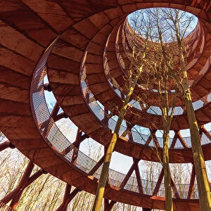Detail view from below of the spiral path climbing the architectural structure of the forest tower among trees, Zealand, Denmark