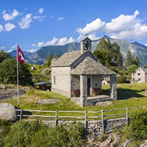 View of the stone church of Monti di Lego. Mergoscia, Valle Verzasca, Canton Ticino