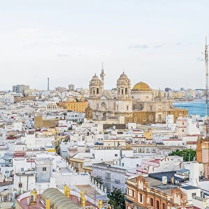 The view from Tavira Tower towards Cadiz Cathedral, Cadiz, Andalusia, Spain
