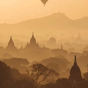 View of Temples and Hot Air Balloons at dawn, Bagan, Mandalay Region, Myanmar