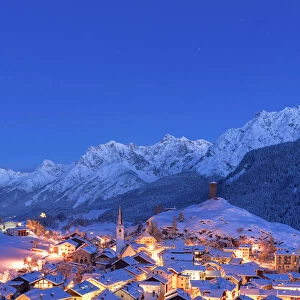Village of Ardez at blue hour, canton of Graubunden, Engadine, Switzerland