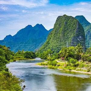 Village of Pha Tang and karst landscape on the Nam Song River, Vientiane Province, Laos