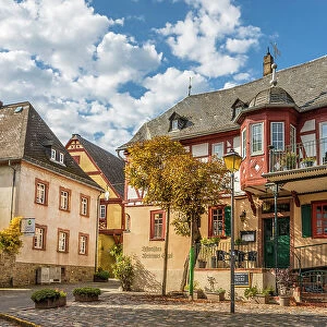 Vineyard and historic houses in the old town of Kiedrich, Rheingau, Hesse, Germany