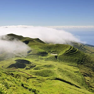 Volcanic craters along the Sao Jorge island viewed from Pico da Esperanca. Azores islands