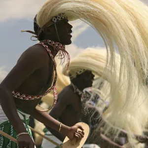 Vruniga, Rwanda. Traditional Intore dancers perform at the annual gorilla naming ceremony