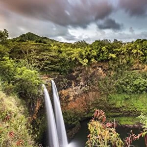 Wailua waterfalls at sunset seen from the lookout, Hawaii, USA