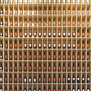 A wall of wine bottles in the bar at Bodegas Marques de Riscal, built by Frank O. Gerhy