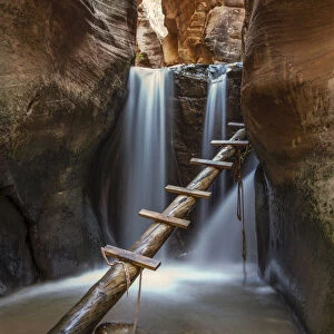 Waterfall and ladder in Kanarra Creek Canyon. Kanarraville, Iron County, Utah, USA