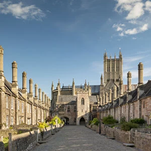 Wells Cathedral rising above Vicars Close in the city of Wells, Somerset, England