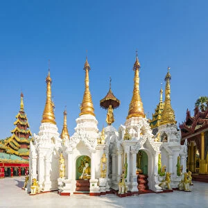 White temple in Shwedagon Pagoda complex, Yangon, Yangon Region, Myanmar